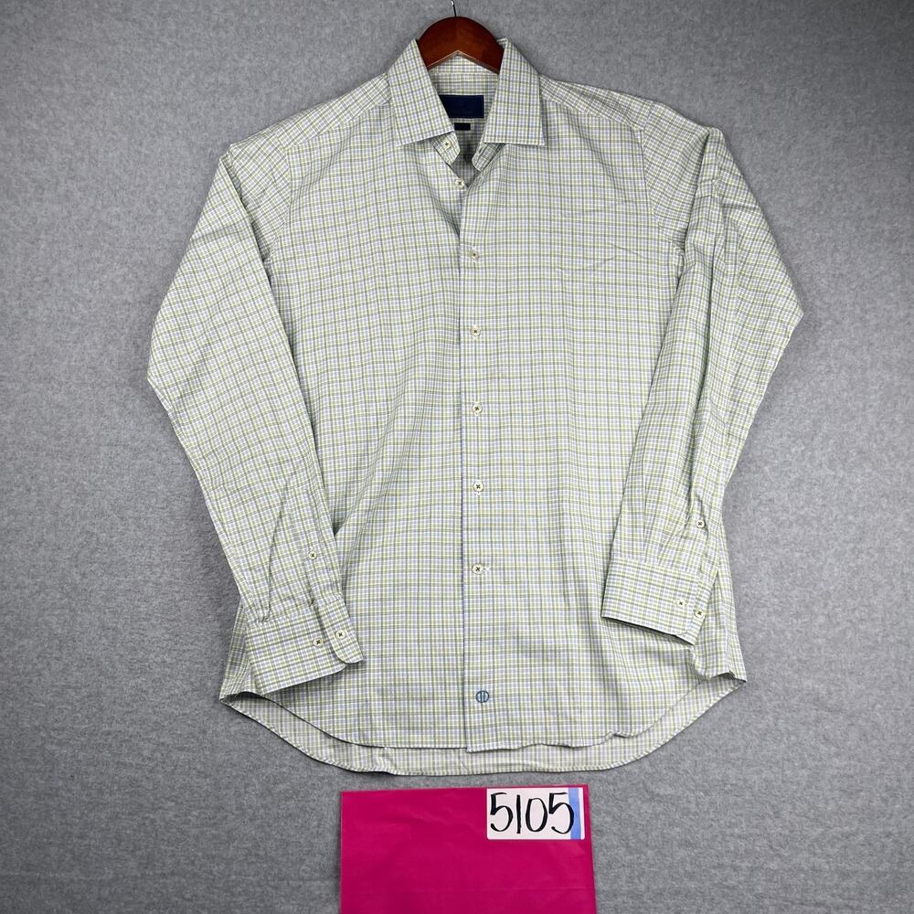 David Donahue Shirt 16.5 Green Check Trim Casual Button Up Long Sleeve Mens